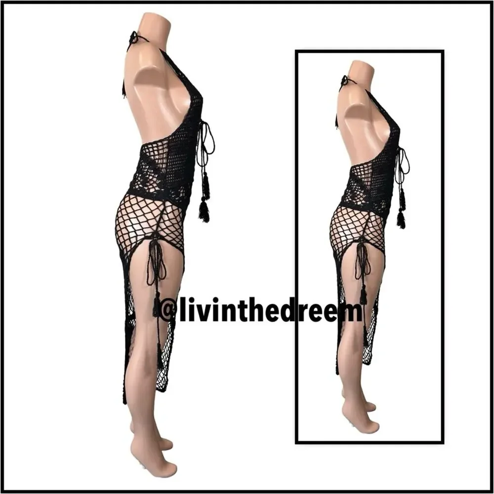 Frankies Bikinis Black Crochet Sunrise Cover Up Dress SZ L $250